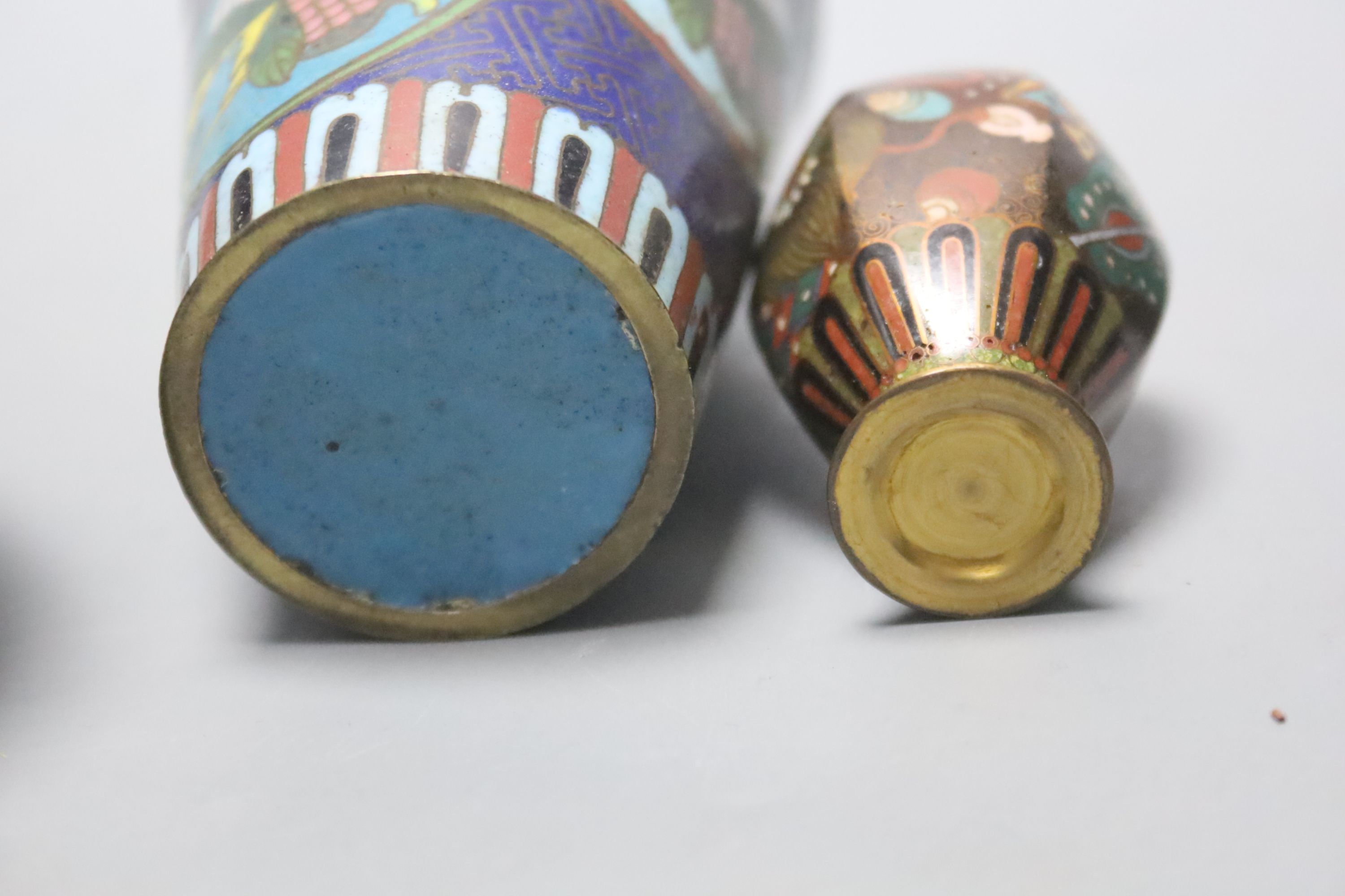 A Chinese cloisonne enamel box & cover, two beakers and four similar Japanese miniature vessels